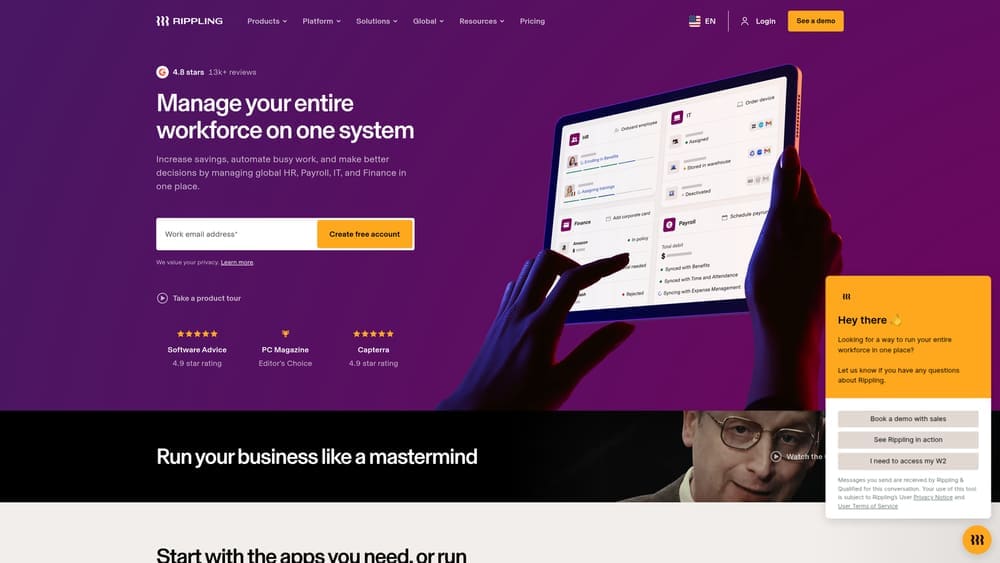 Screenshot of Rippling PEO website
