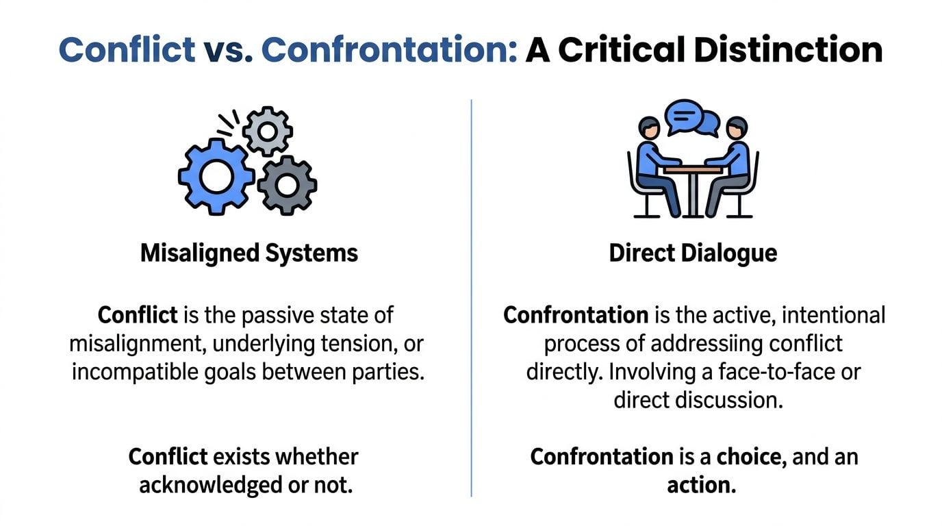 An infographic showing the difference between conflict as a passive state and confrontation as direct dialogue.