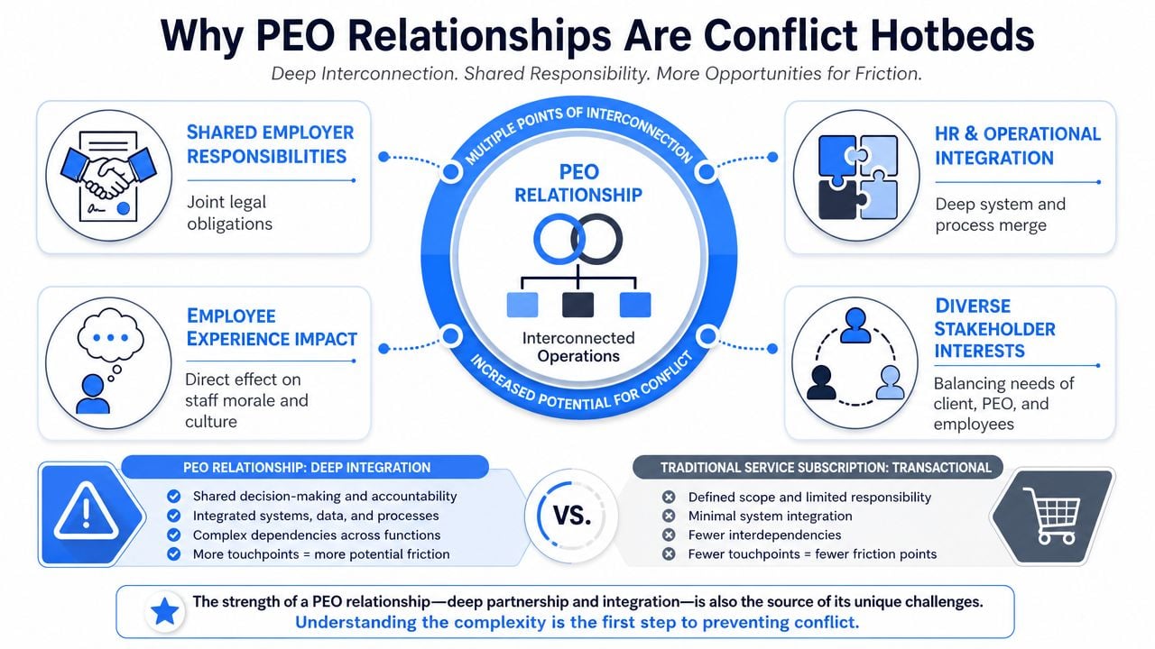 An infographic explaining why Professional Employer Organization (PEO) relationships often create potential for workplace conflict and friction.