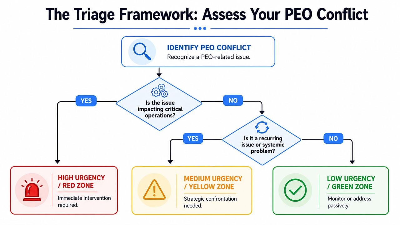 A flowchart titled The Triage Framework helping users assess the urgency of a PEO-related conflict or operational issue.
