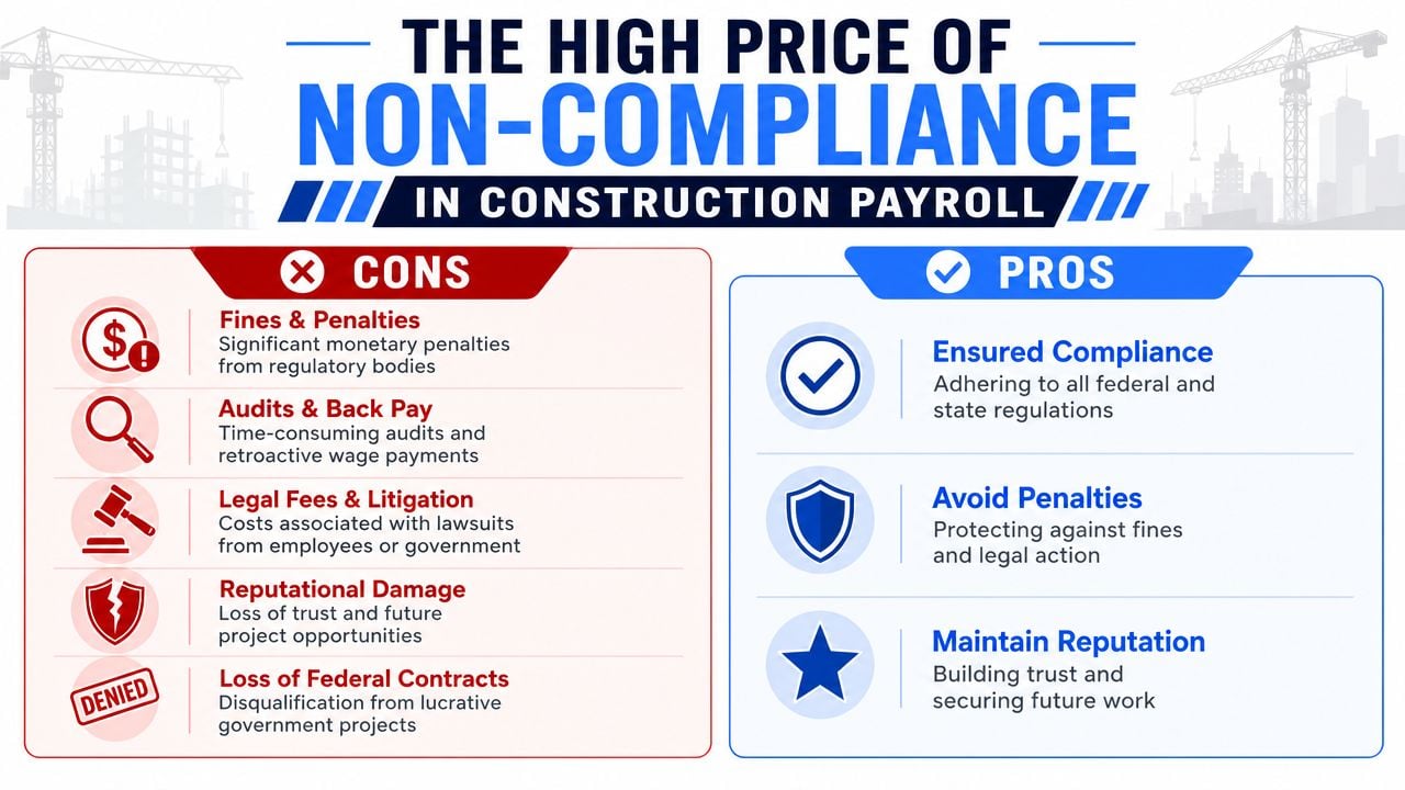 An infographic comparing the cons and pros of construction payroll compliance, including risks and benefits.