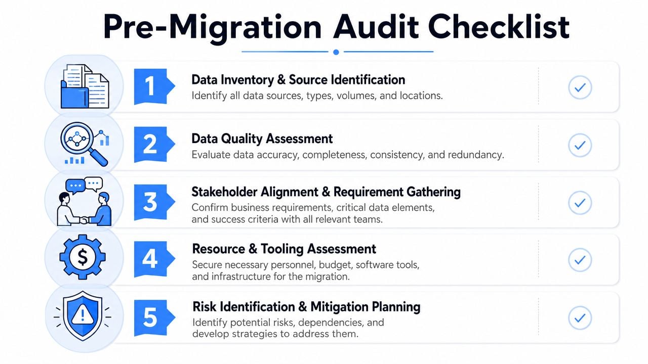 A five-step checklist for a pre-migration audit including data inventory, quality assessment, stakeholder alignment, resources, and risk planning.