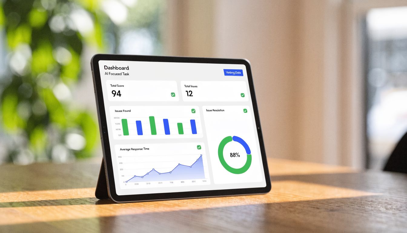 A tablet on a wooden desk displaying an AI-focused dashboard with performance analytics and charts.