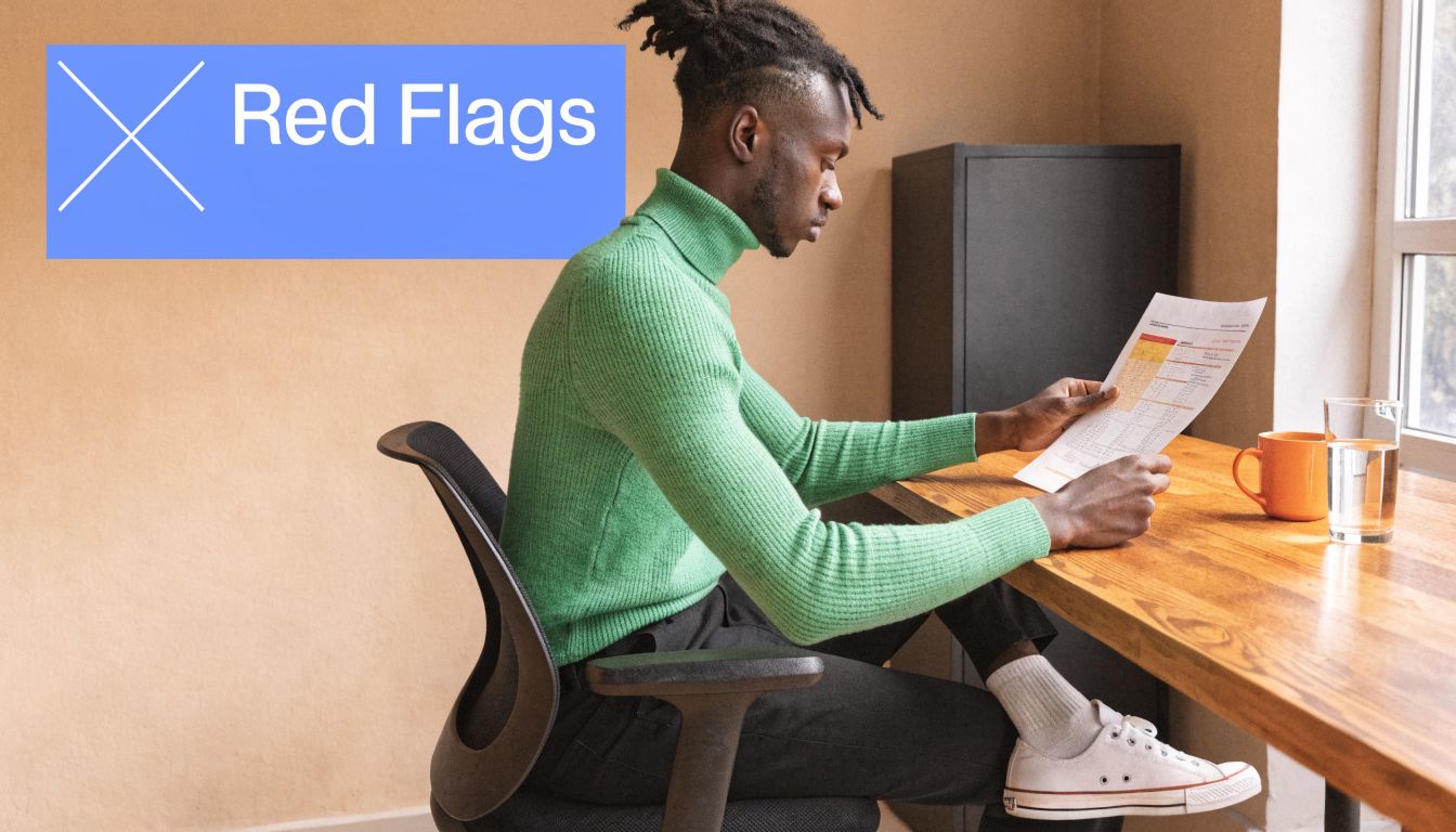 A focused man wearing a green turtleneck sweater reviews an important document while sitting at a wooden desk.