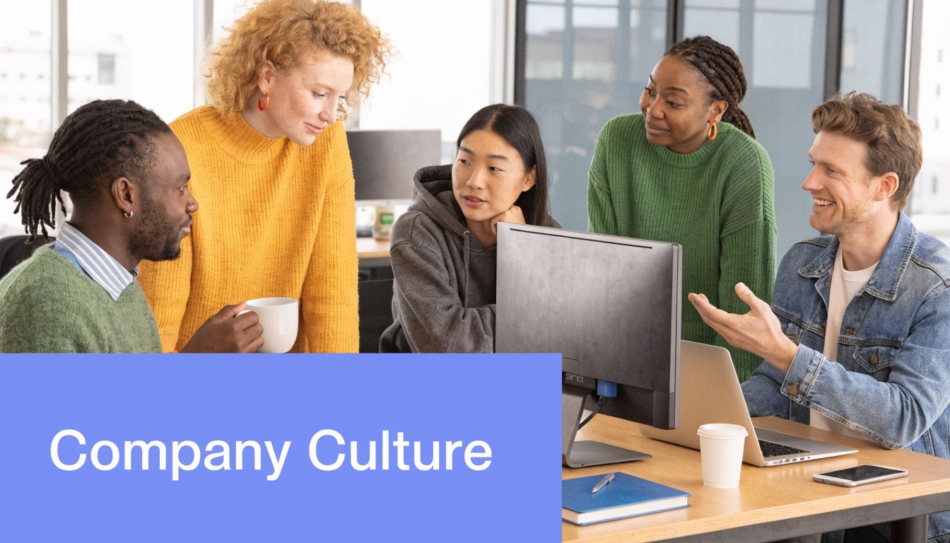 A diverse team of colleagues collaborating and having a positive discussion around a computer in an office.