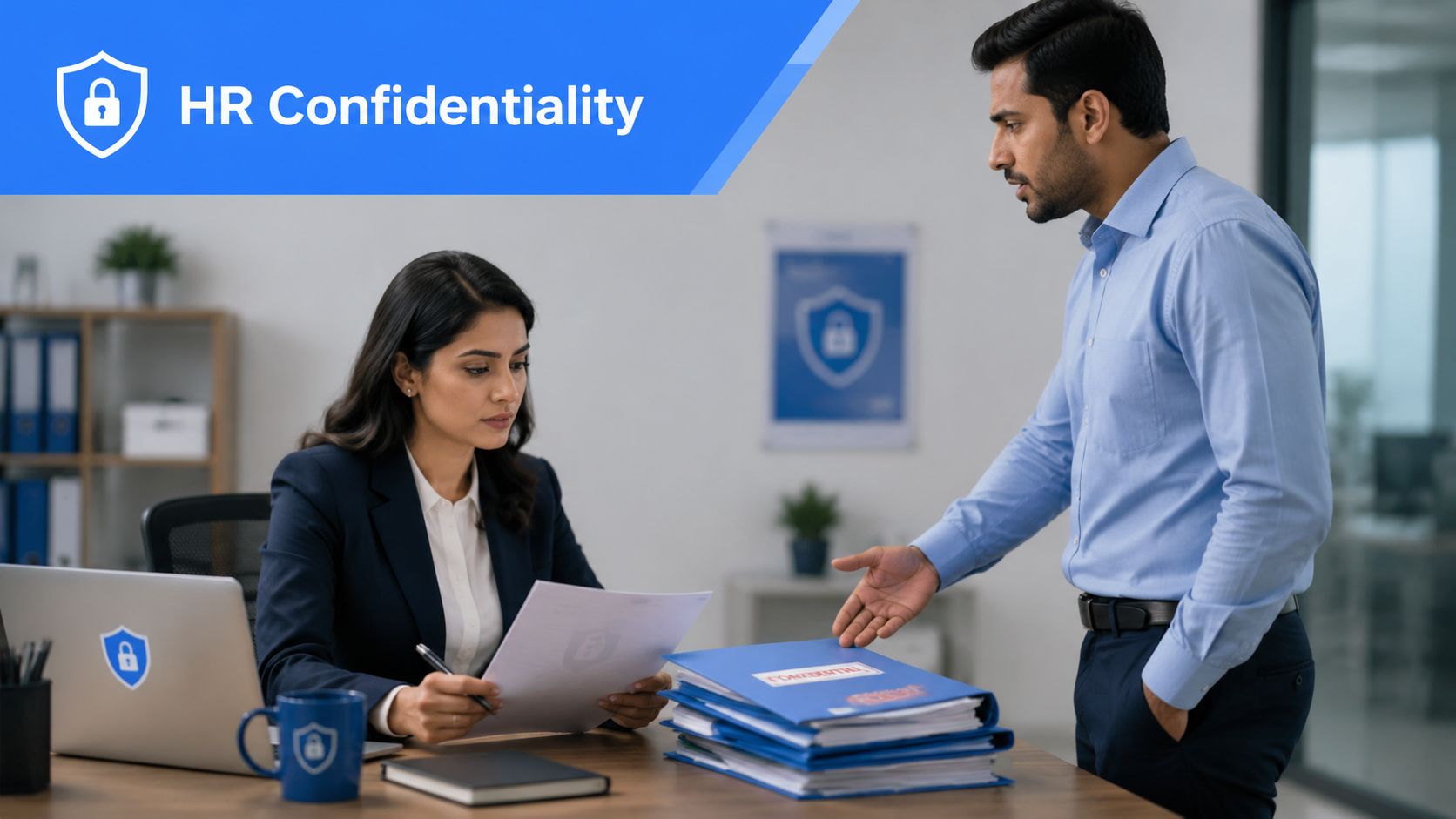 A professional HR manager reviewing confidential documents while talking with an employee in an office setting.