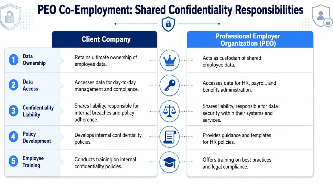 A diagram illustrating the shared confidentiality responsibilities between a client company and a Professional Employer Organization (PEO).