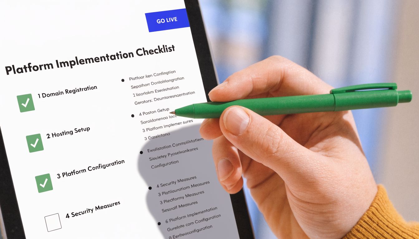 A person holding a green pen over a tablet displaying a professional platform implementation checklist.