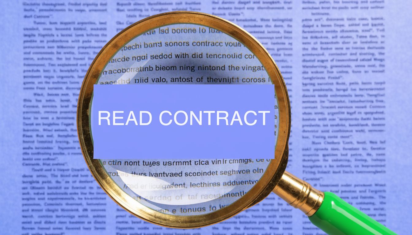 A magnifying glass positioned over a document with the text READ CONTRACT clearly highlighted in the center.
