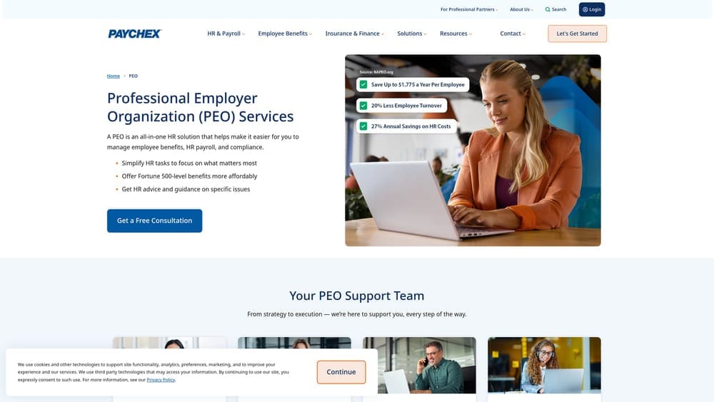 Screenshot of Paychex PEO website