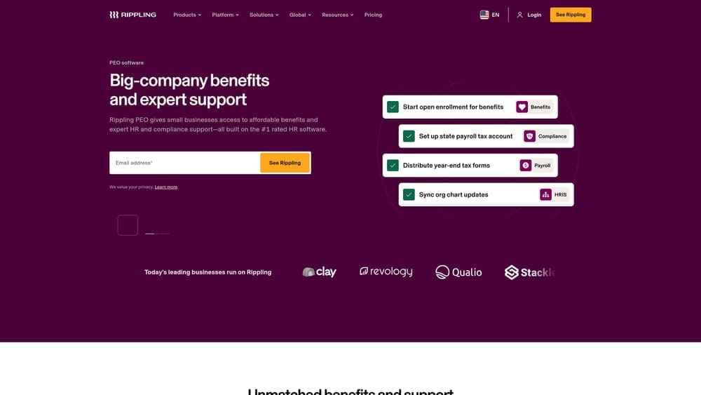 Screenshot of Rippling PEO website