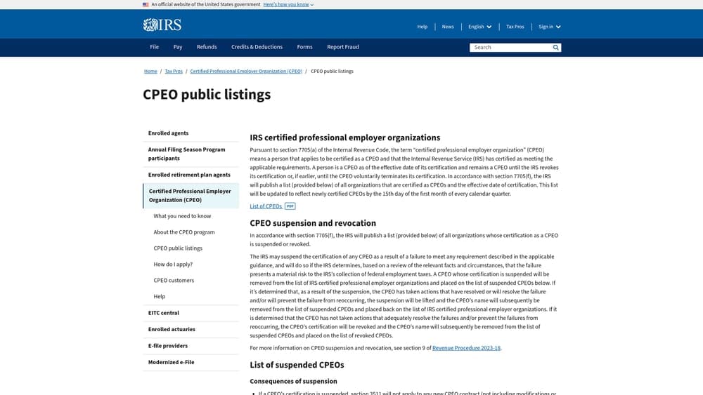 Screenshot of IRS CPEO Public Listing website