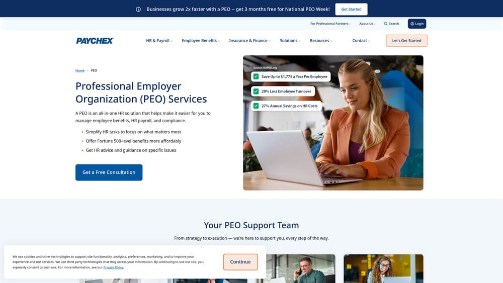 Screenshot of Paychex PEO website