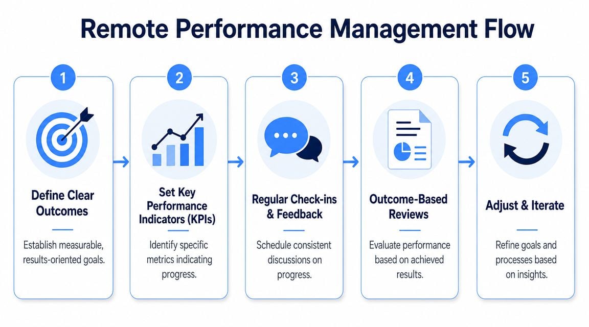 A five-step flowchart illustrating the remote performance management process, from setting clear goals to continuous improvement.