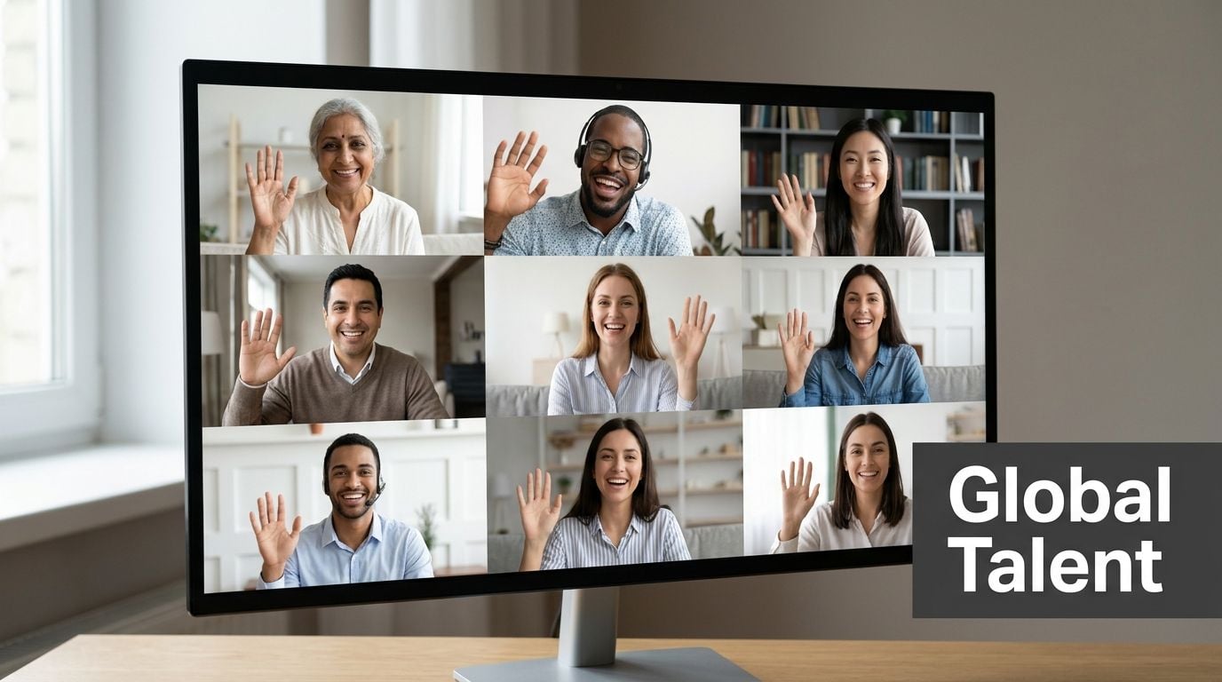 Computer screen displaying a group video conference with diverse international professionals waving hello during a meeting.