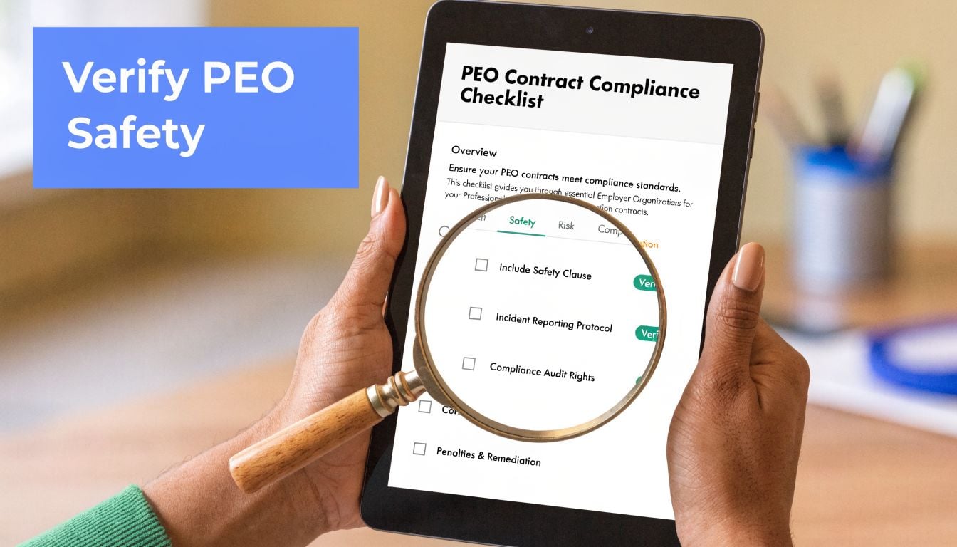 A person using a magnifying glass to check a PEO contract compliance safety checklist on a tablet.