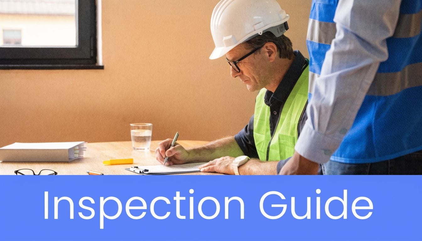 A construction inspector in a hard hat and safety vest reviewing documents at a table.