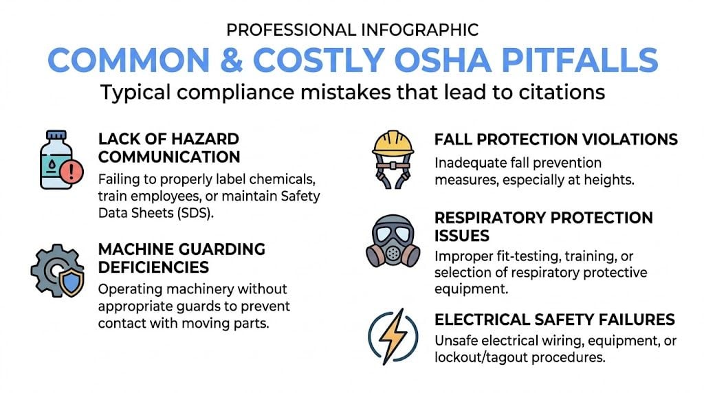 An infographic detailing common and costly OSHA compliance pitfalls, including hazard communication, machine guarding, and safety failures.
