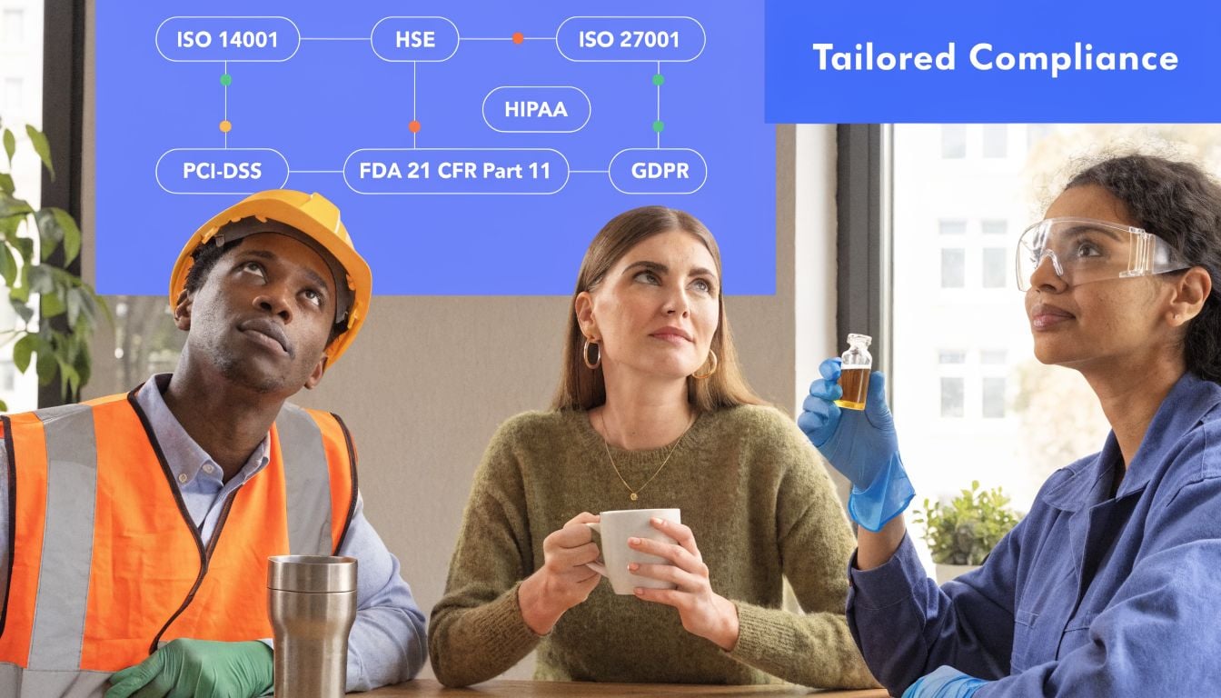 Three professionals in a workspace discussing compliance certifications depicted in a diagram above their heads.