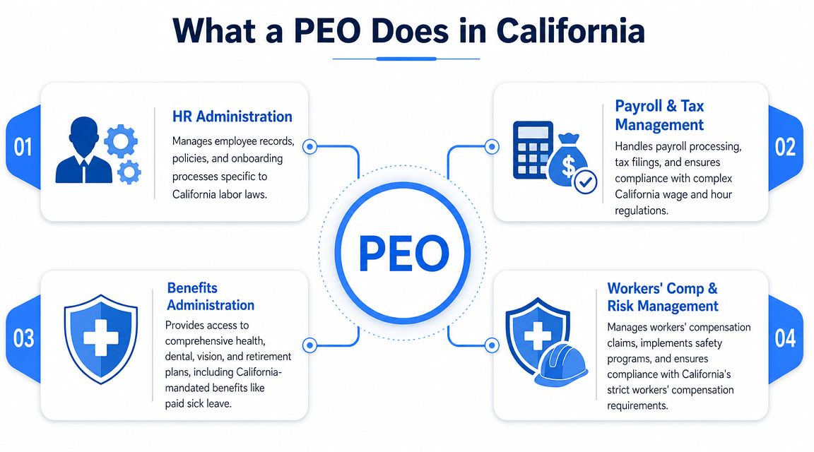An infographic outlining the four key services provided by a Professional Employer Organization in California.