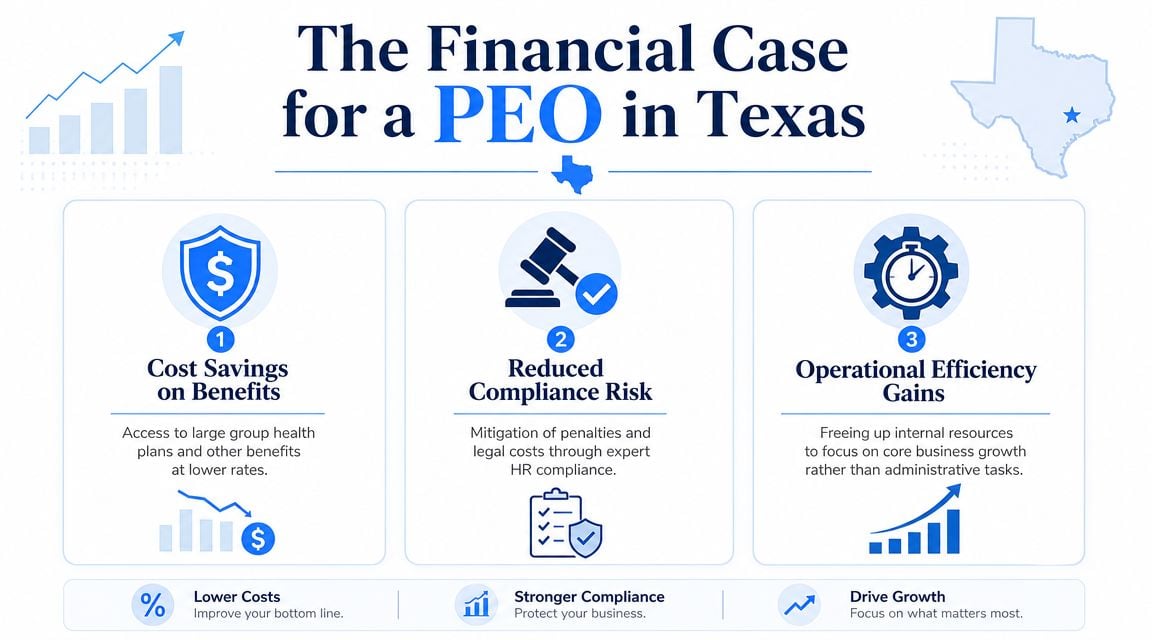 An infographic detailing the financial advantages of using a Professional Employer Organization (PEO) for businesses in Texas.