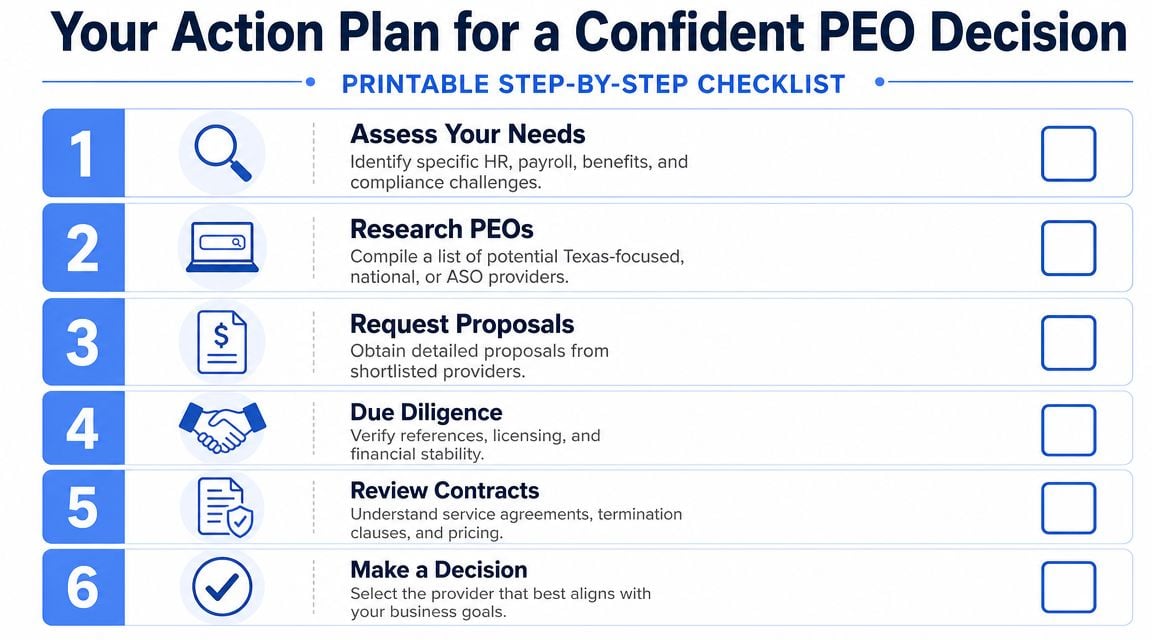 A six-step checklist titled Your Action Plan for a Confident PEO Decision to guide business owners.
