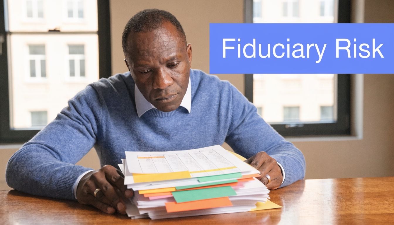 A concerned professional reviewing stacks of retirement plan documents at his desk regarding fiduciary risk.