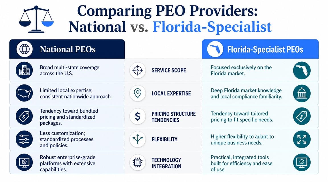 A comparison chart showing differences between national PEO providers and Florida-specialist PEO firms regarding business services.