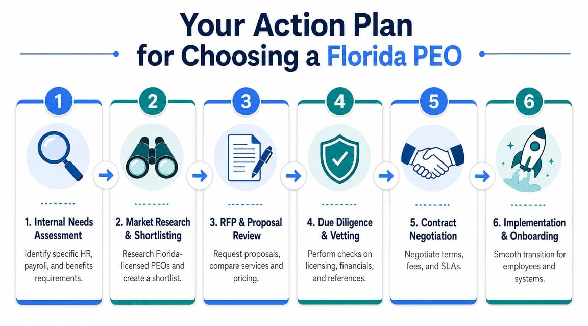 A six-step infographic outlining a strategic action plan for businesses to choose a Florida PEO provider.