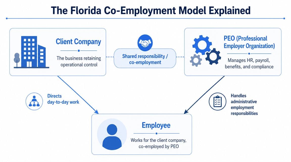A diagram illustrating the Florida co-employment model between a client company, an employee, and a PEO organization.