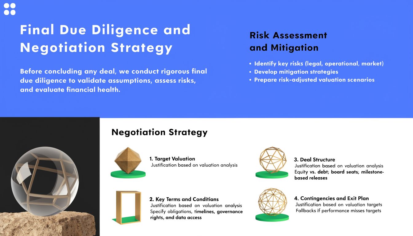 An infographic titled Final Due Diligence and Negotiation Strategy outlining risk assessment, mitigation, and key negotiation components.