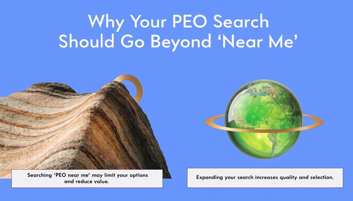 A split image contrasting a narrow rock formation with a global view, illustrating why a broader PEO search is better.