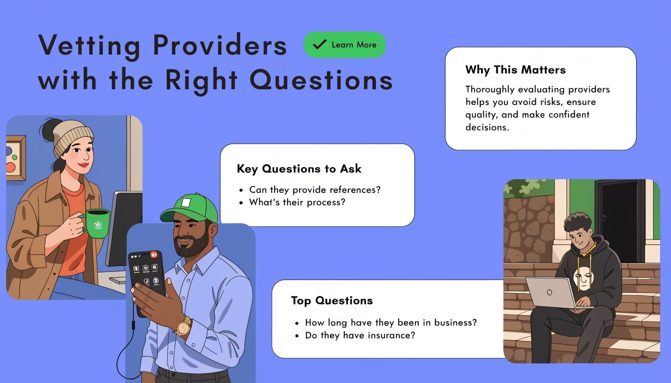 A digital infographic with illustrations of professionals and text about vetting business service providers effectively.