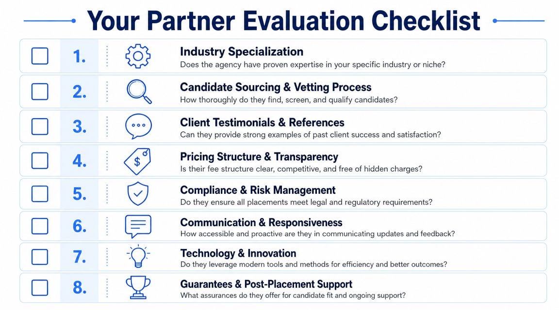 A checklist for evaluating recruitment partners featuring eight key criteria for assessing staffing agencies effectively.