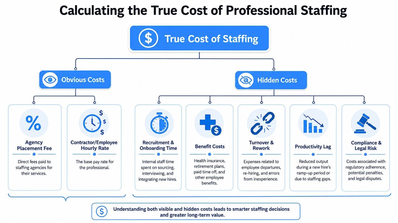 A diagram breaking down the obvious and hidden costs associated with professional staffing and human resources.