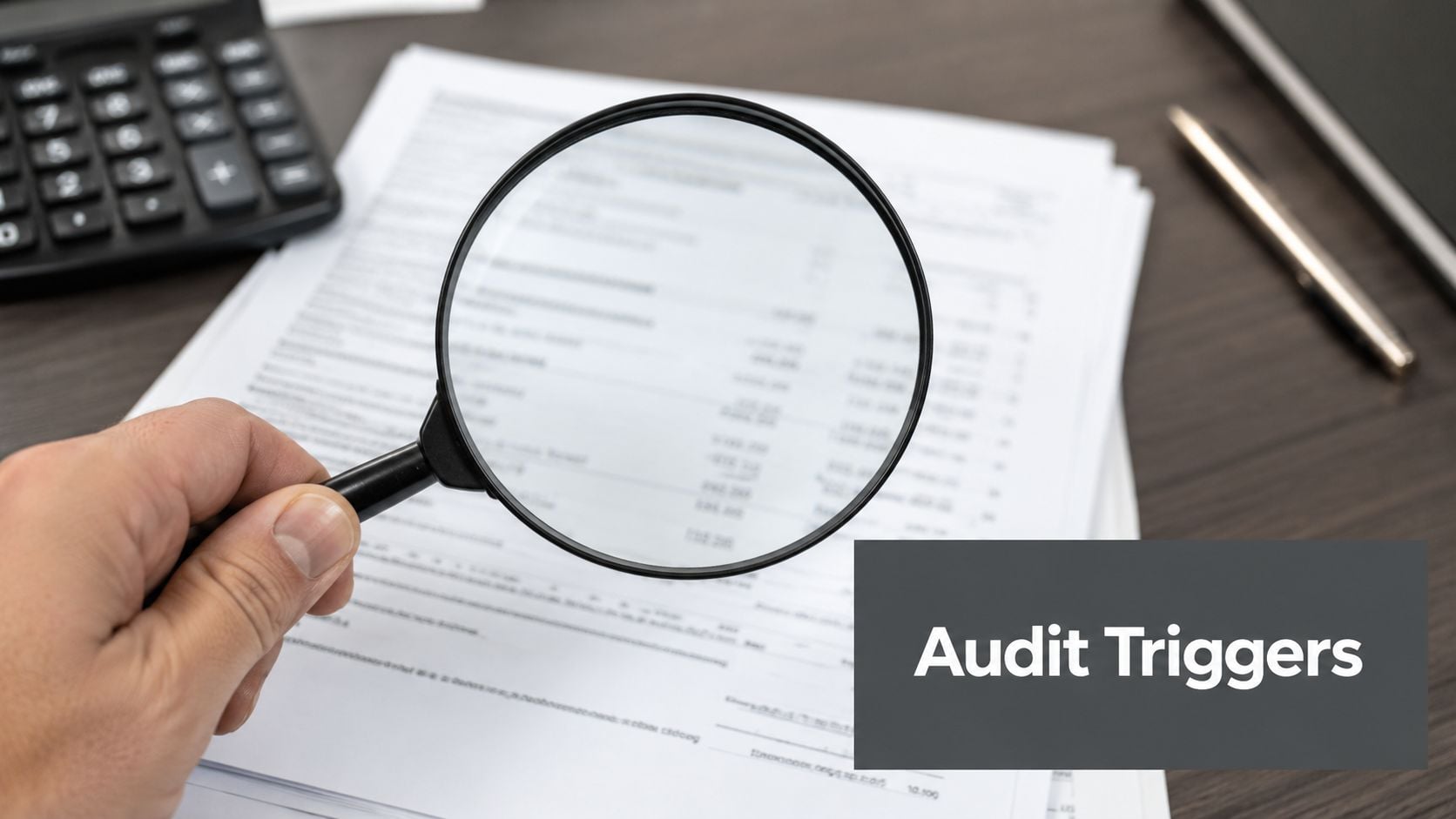 A hand holding a magnifying glass over financial documents with the text Audit Triggers overlayed.