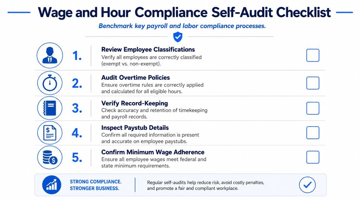 A checklist infographic titled Wage and Hour Compliance Self-Audit Checklist featuring five key payroll and labor process steps.