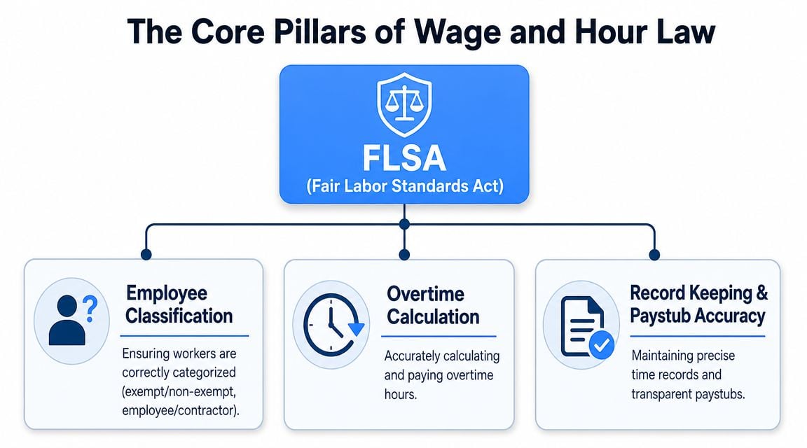 A diagram outlining the three core pillars of FLSA wage and hour law, including classification, overtime, and records.