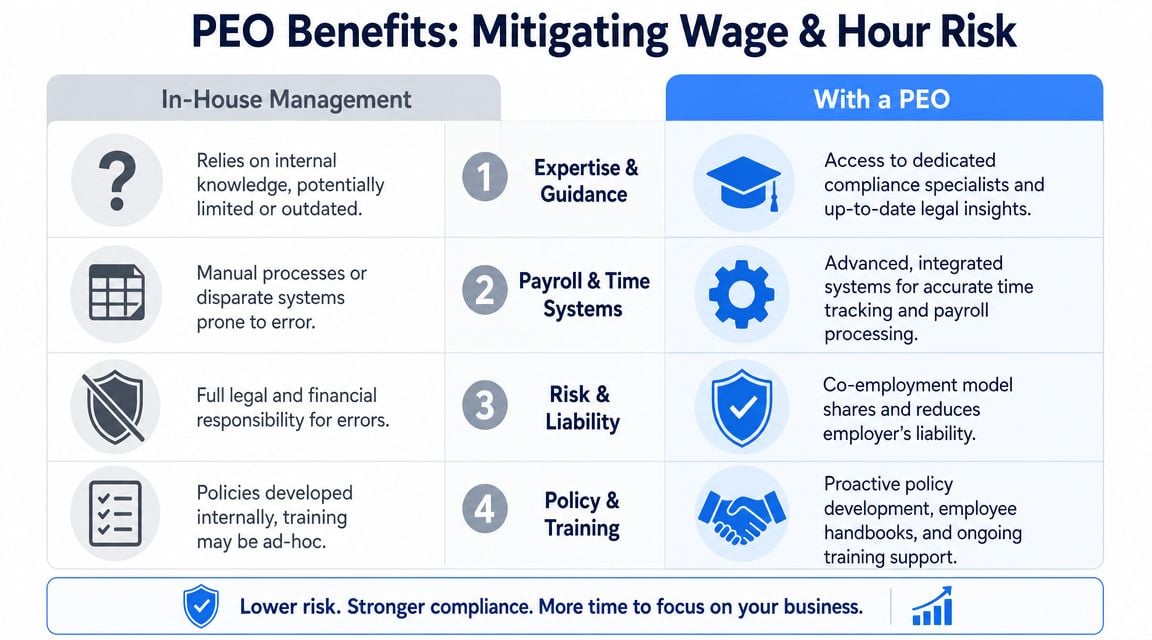 A comparison chart showing how PEO services mitigate wage and hour risks for businesses compared to in-house management.