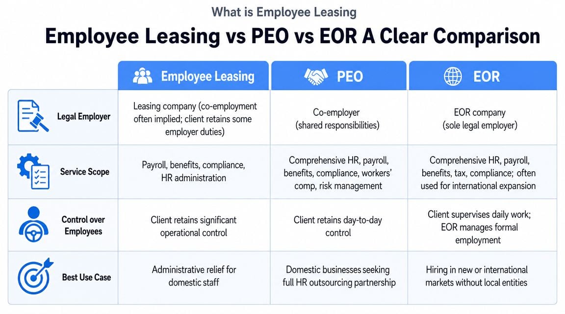 A comparison chart outlining the key differences between Employee Leasing, PEO, and EOR services for businesses.