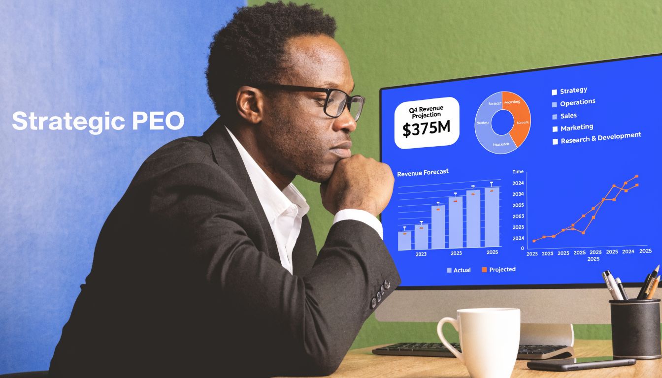 A professional man in a suit looking thoughtfully at business charts and revenue projections on a computer screen.