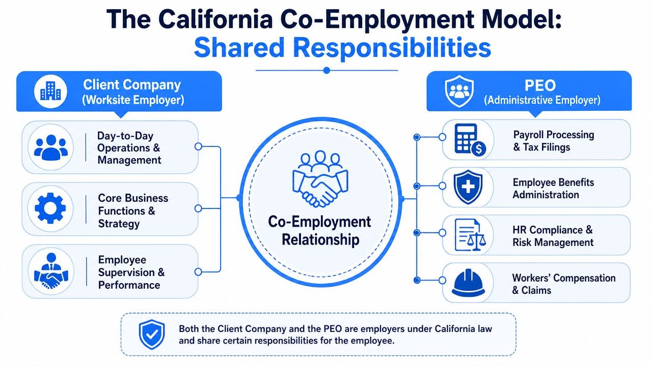 A diagram illustrating the co-employment model between a California client company and a professional employer organization.