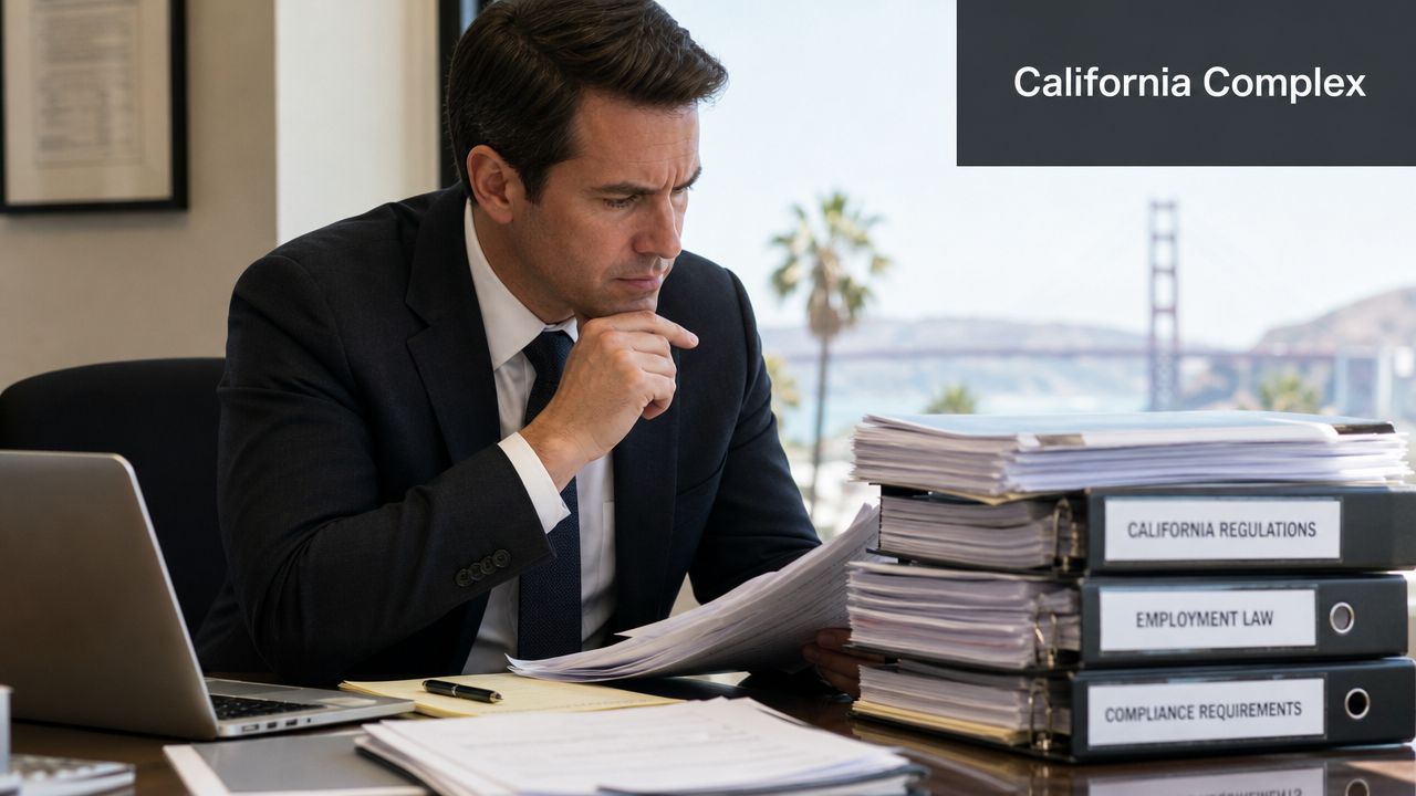 A professional man in a suit reviews complex legal documents in an office overlooking the Golden Gate Bridge.