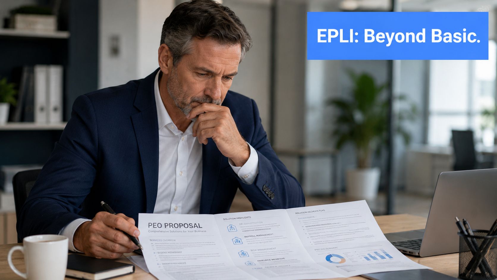 A professional man reviewing a PEO business proposal document while seated at his office desk.