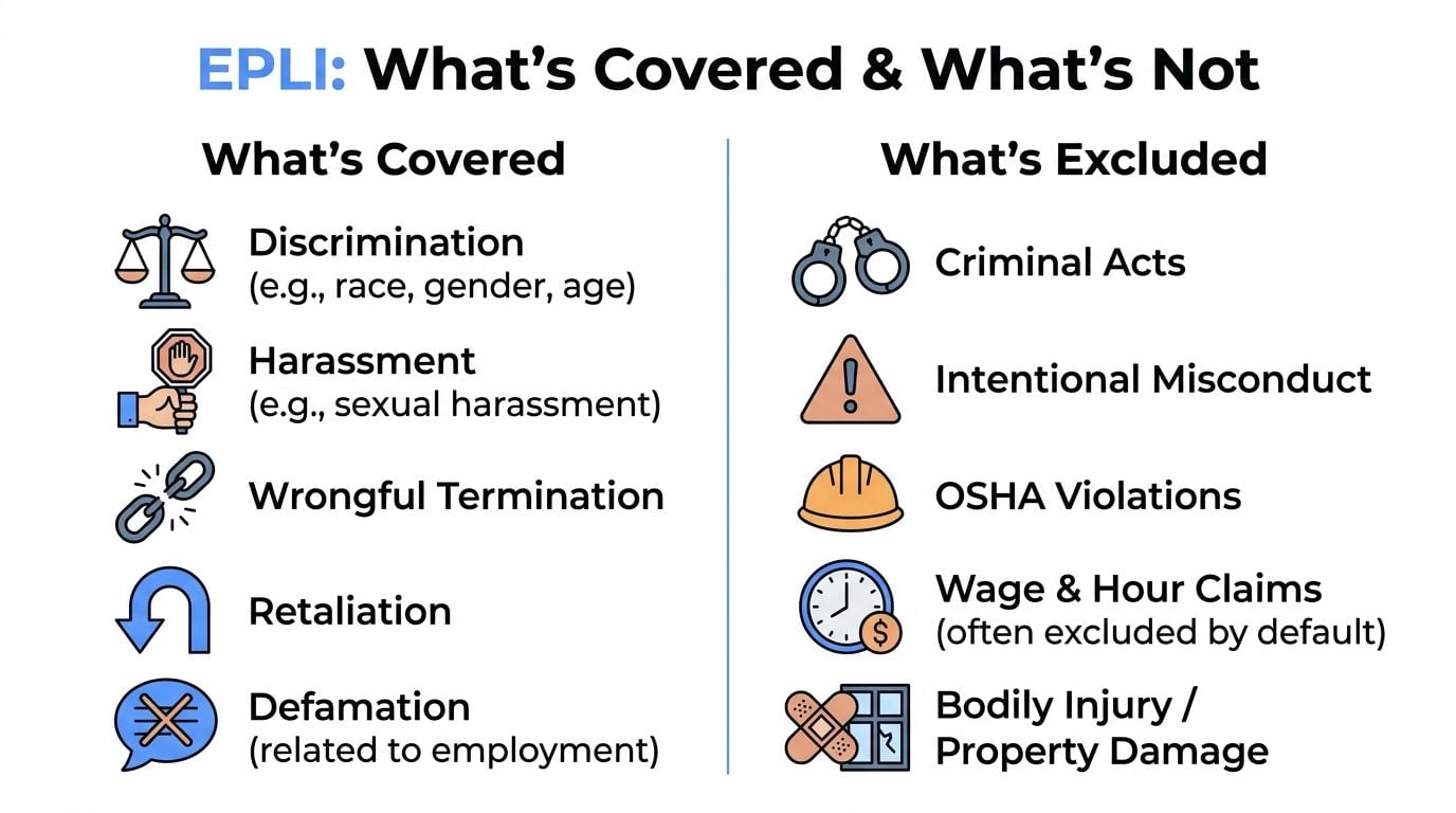 A chart comparing what is covered and what is excluded under employment practices liability insurance.