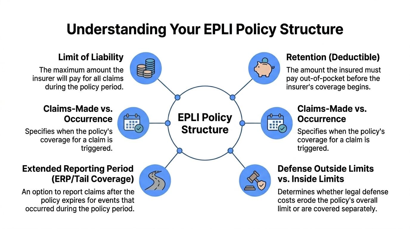 An infographic explaining the key components and structure of an Employment Practices Liability Insurance policy.