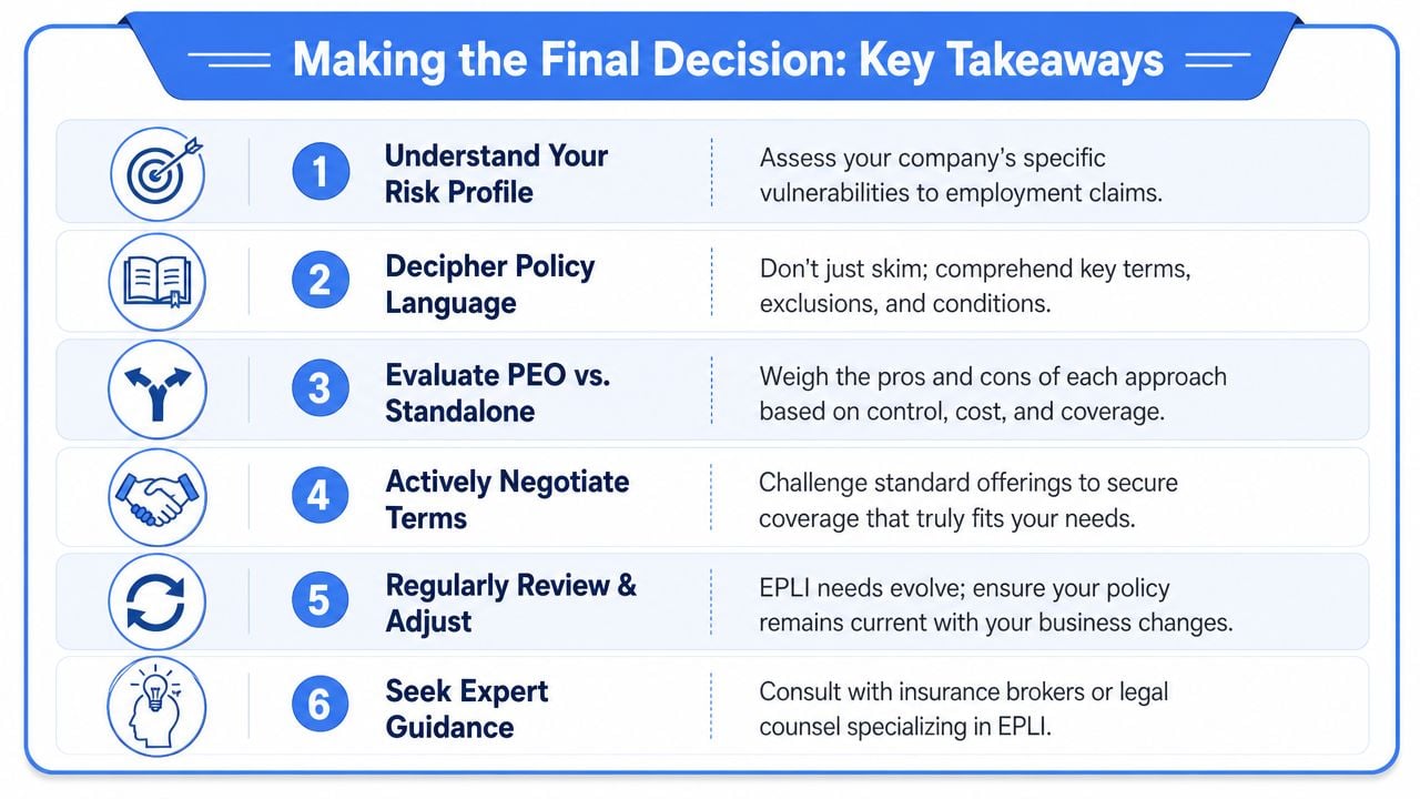 An infographic titled Making the Final Decision: Key Takeaways, outlining six essential steps for choosing EPLI insurance coverage.