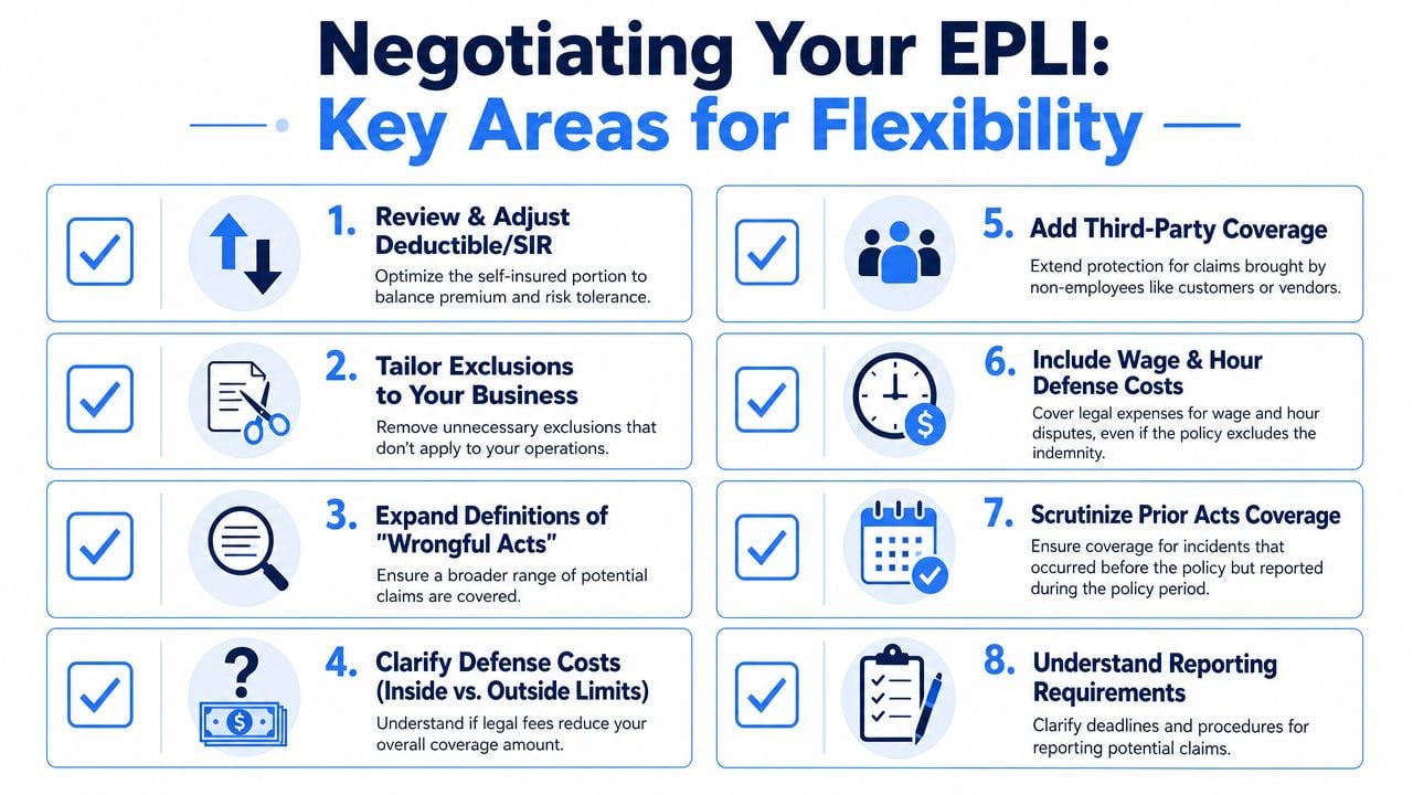 An infographic titled Negotiating Your EPLI highlighting eight key areas to consider for customizing employment practices liability insurance.