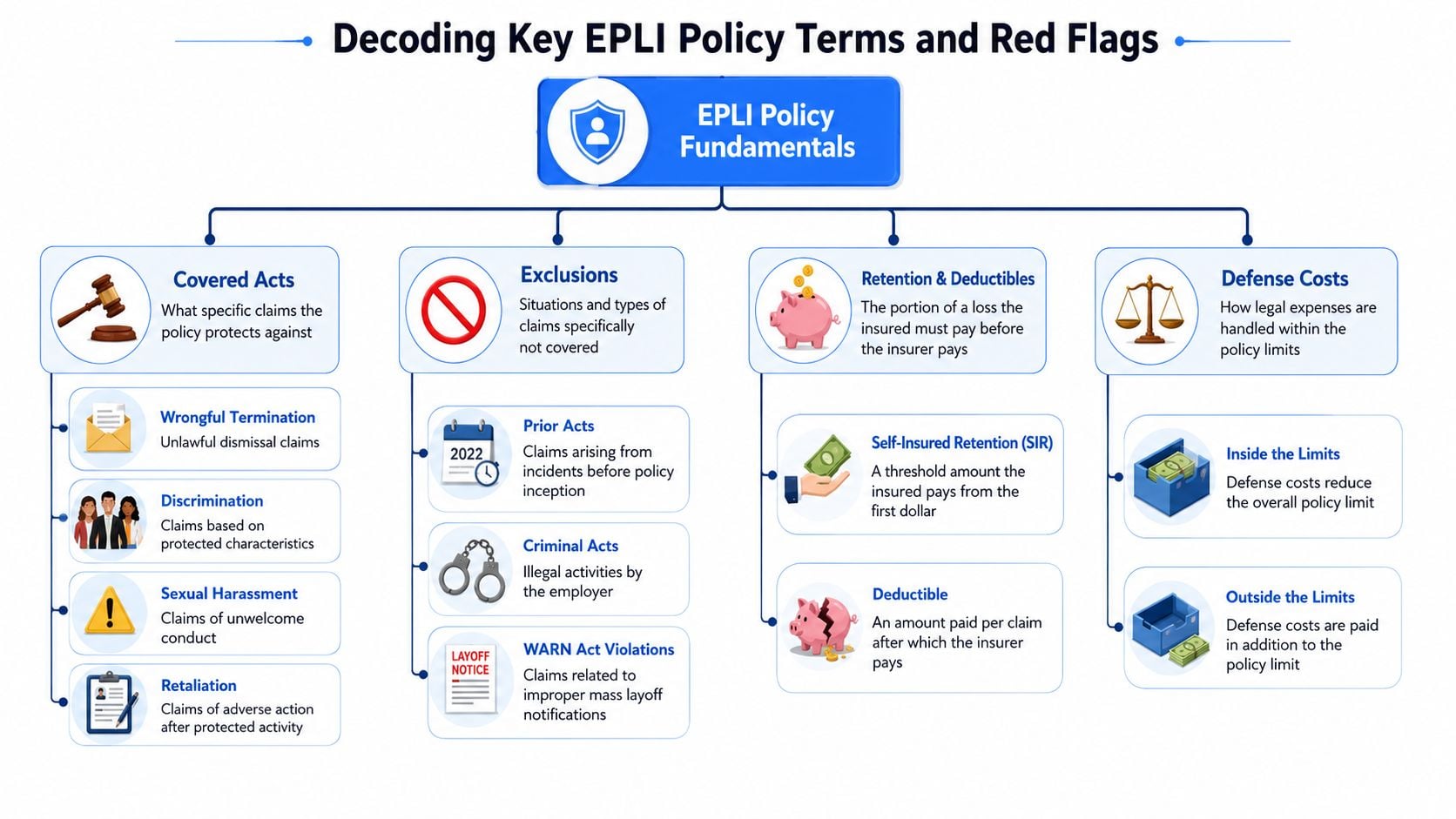 An infographic titled Decoding Key EPLI Policy Terms and Red Flags explaining employment liability insurance coverage basics.
