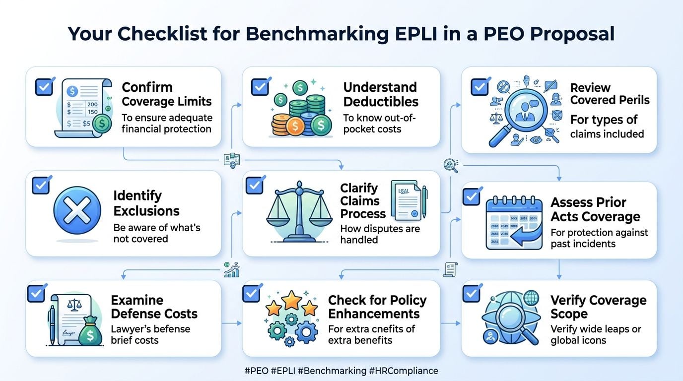 A checklist infographic outlining key factors to evaluate when benchmarking EPLI insurance in a PEO proposal.